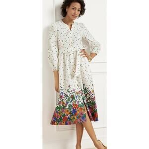 Talbots Dress 14 Poplin Shirtdress Blissful Floral balloon sleeves sash tie